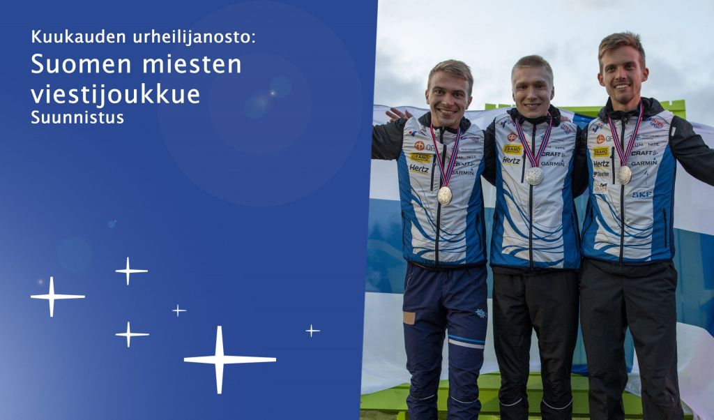 Suomen miesten viestijoukkue juhlii hopeaa suunnistuksen MM-kisoissa. Kuva: Suomen Suunnistusliitto