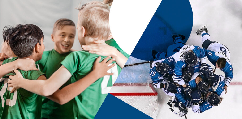 Värillinen valokuvapari, jossa lasten urheilujoukkue ja jääkiekon maajoukkue.