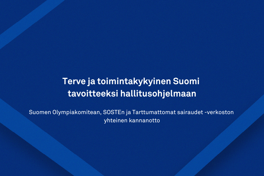 Sinisen valokuvan päällä lukee Terve ja toimintakykyinen Suomi tavoitteeksi hallitusohjelmaan.