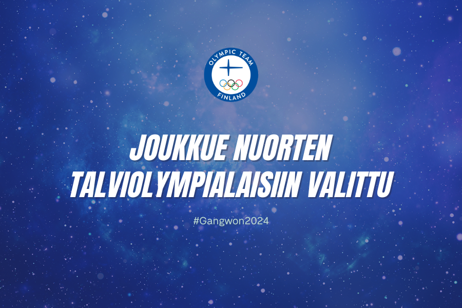 Tähtisumupohja, jonka päällä olympiajoukkueen logo ja teksti: "joukkue nuorten talviolympialaisiin valittu".