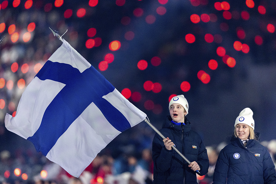 Eeli Keranen (Ski Jumping) and Hanni Koski (Biathlon & Cross-Country Skiing) carry the flag into the stadium for the Finland Youth Olympic Team during the Opening Ceremony at the Gangneung Oval. The Winter Youth Olympic Games, Gangwon, South Korea, Friday 19 January 2024. Photo: OIS/Chloe Knott. Handout image supplied by OIS/IOC