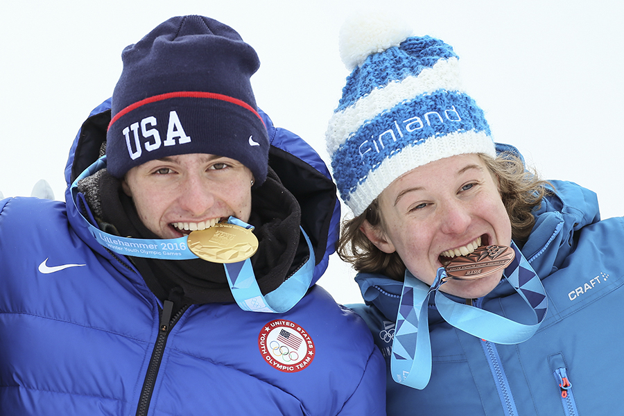 Gold Medallist Jake Pates USA and Bronze Medallist Rene Rinnekangas FIN (left to right) pose on the medal podium of the Snowboard Men's Slopestyle Finals at Hafjell Freepark during the Winter Youth Olympic Games, Lillehammer, Norway, 19 February 2016. Photo: Arnt Folvik for OIS/IOC Handout image supplied by OIS/IOC