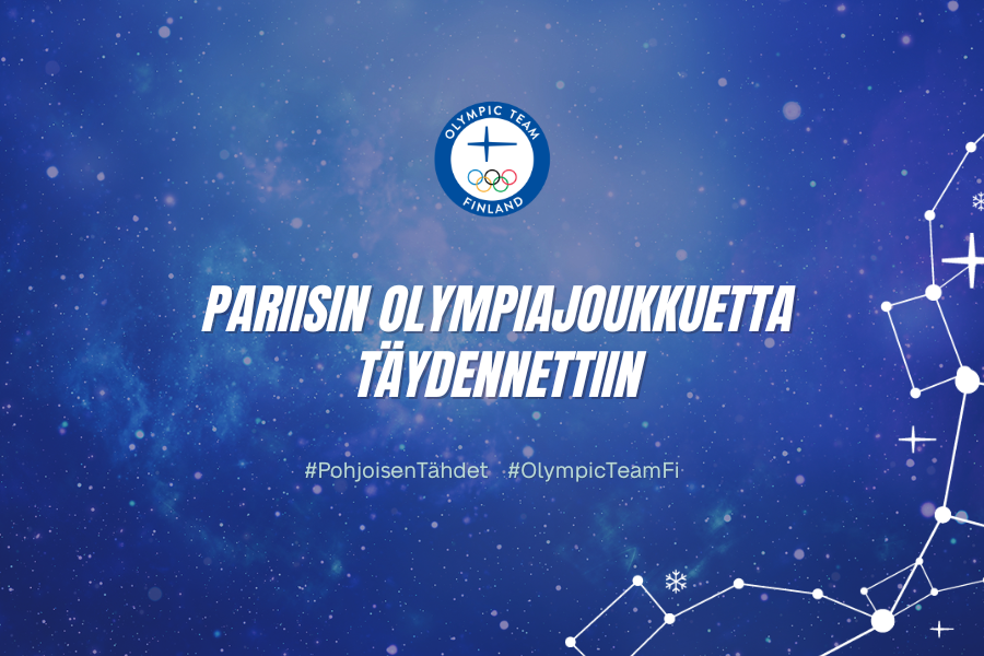 Sininen tähtisumutausta, jonka päällä oikeassa alakulmassa valkoinen tähtikuvio. Taustan päällä on olympiajoukkueen logo ja sen alla valkoinen teksti: "Pariisin olympiajoukkuetta täydennettiin" sekä hashtagit #PohjoisenTähdet ja #OlympicTeamFi