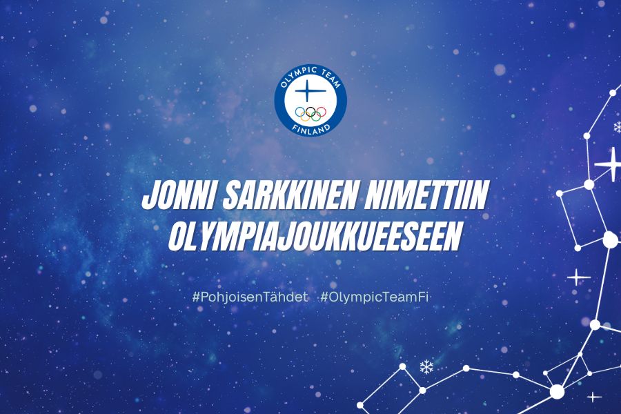 Sininen tähtisumutausta, jonka päällä olympiajoukkueen logo ja valkoinen teksti: "Jonni Sarkkinen nimettiin olympiajoukkueeseen".