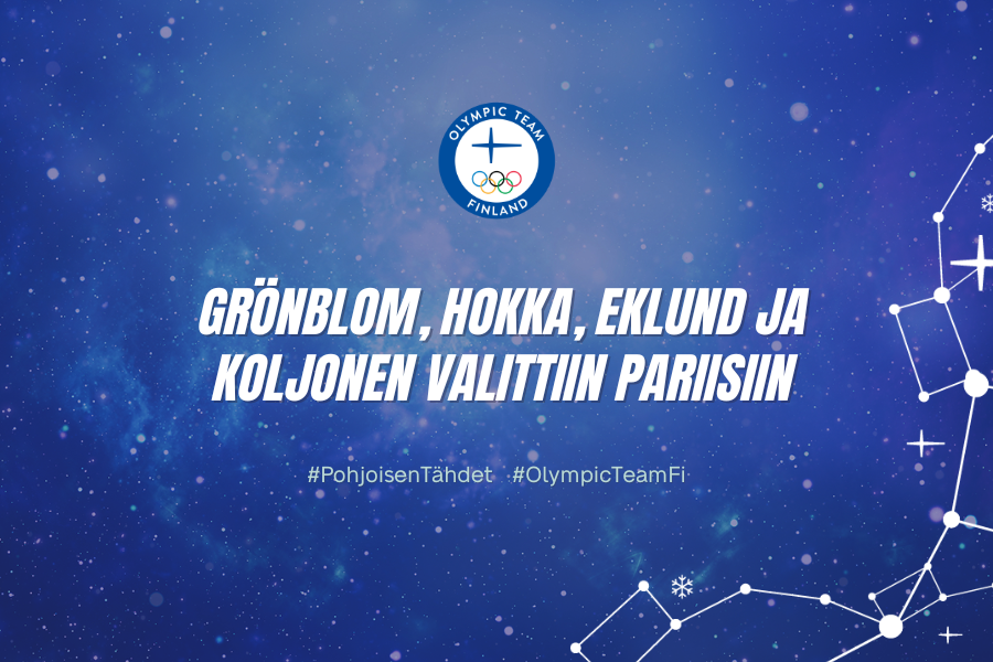 Sininen tähtisumutausta, jonka päällä valkoinen teksti: "Grönblom, Hokka, Eklund ja Koljonen valittiin Pariisiin."